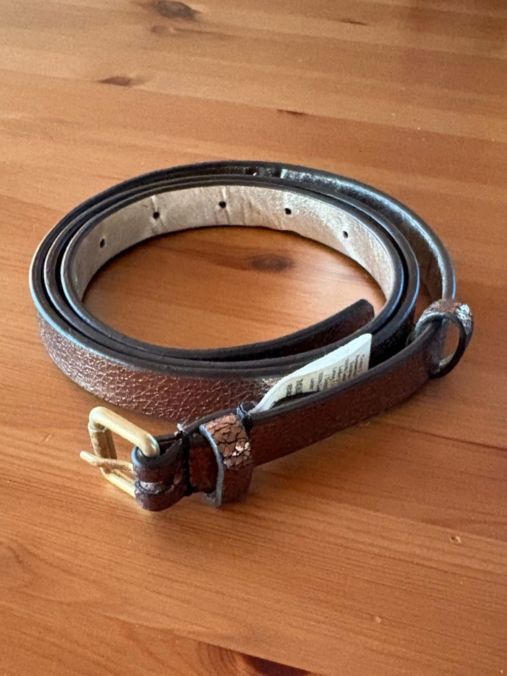 Boden Textured Bronze Leather Metallic Skinny Belt Size L Gold Square Buckle